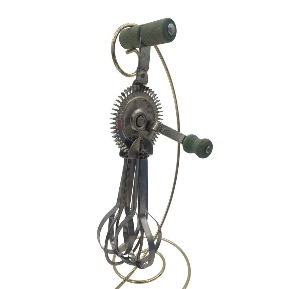 Vintage Ladd Hand Crank Egg Beater With Green Wooden Handles & Stainless Steel B